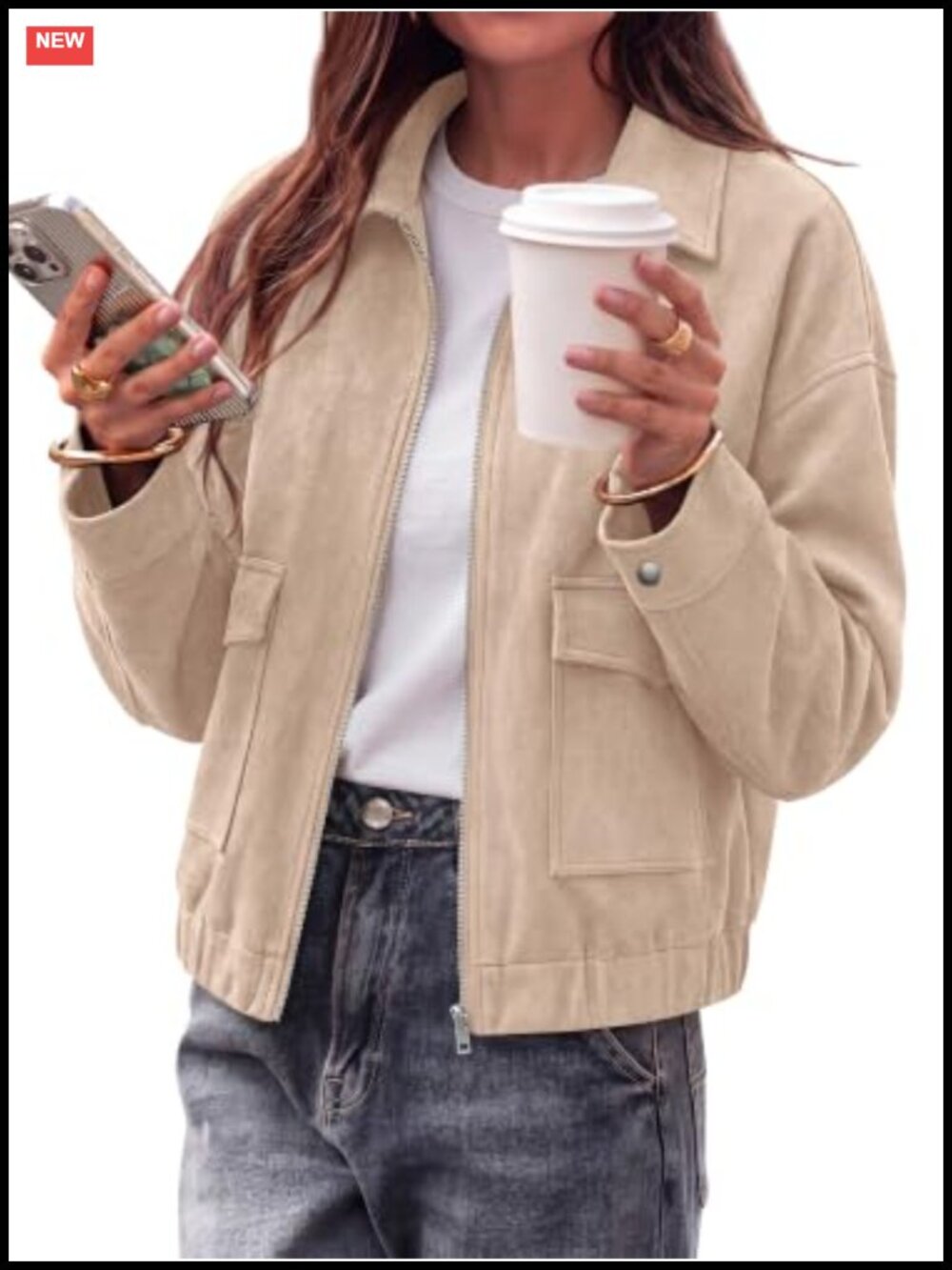 Faux Suede Cropped Bomber Jacket Zip Up Long Sleeve Casual Coat
